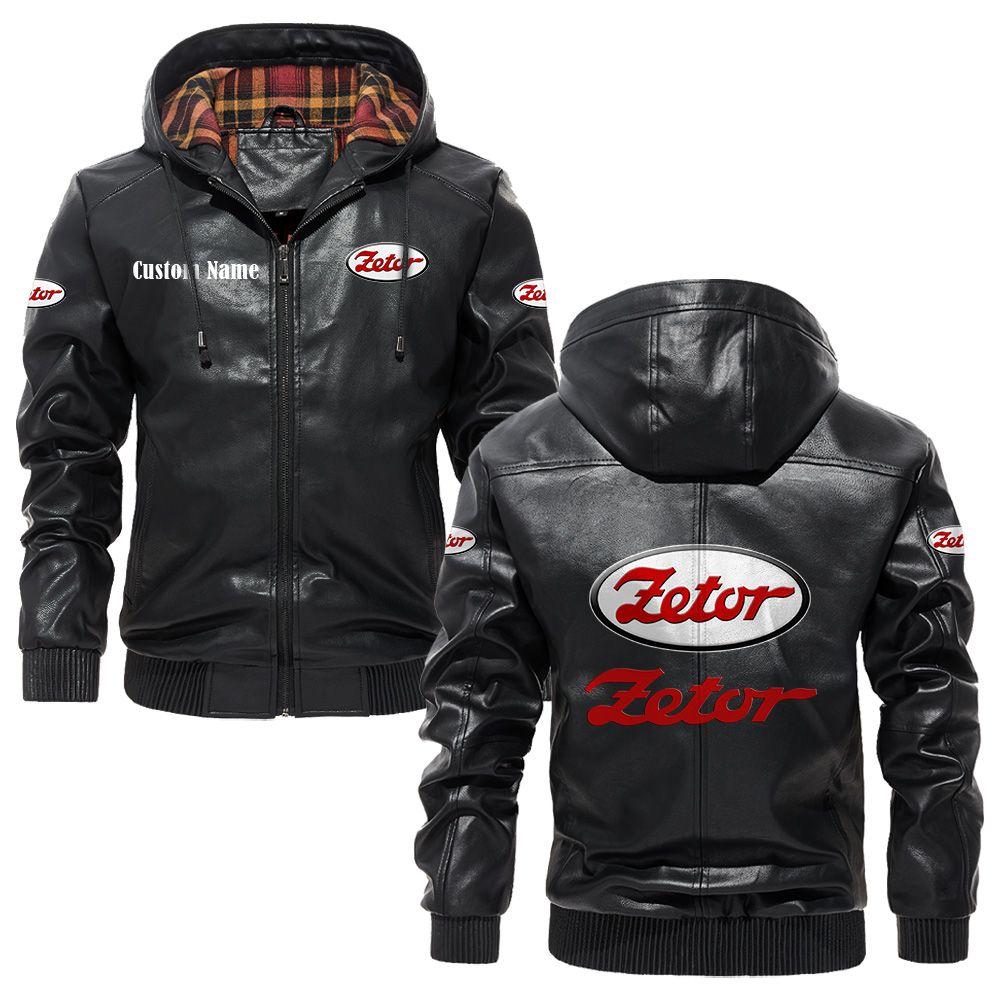 Custom Name Zetor PU Leather Hooded Jacket - Personalized Logo Car Motorcycle Model