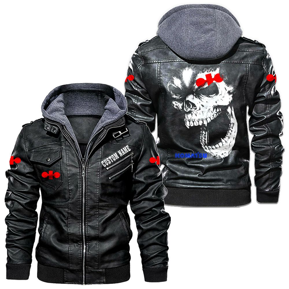 Custom Name Komatsu Skull Leather Jacket - Personalized Logo Car Motorcycle Model
