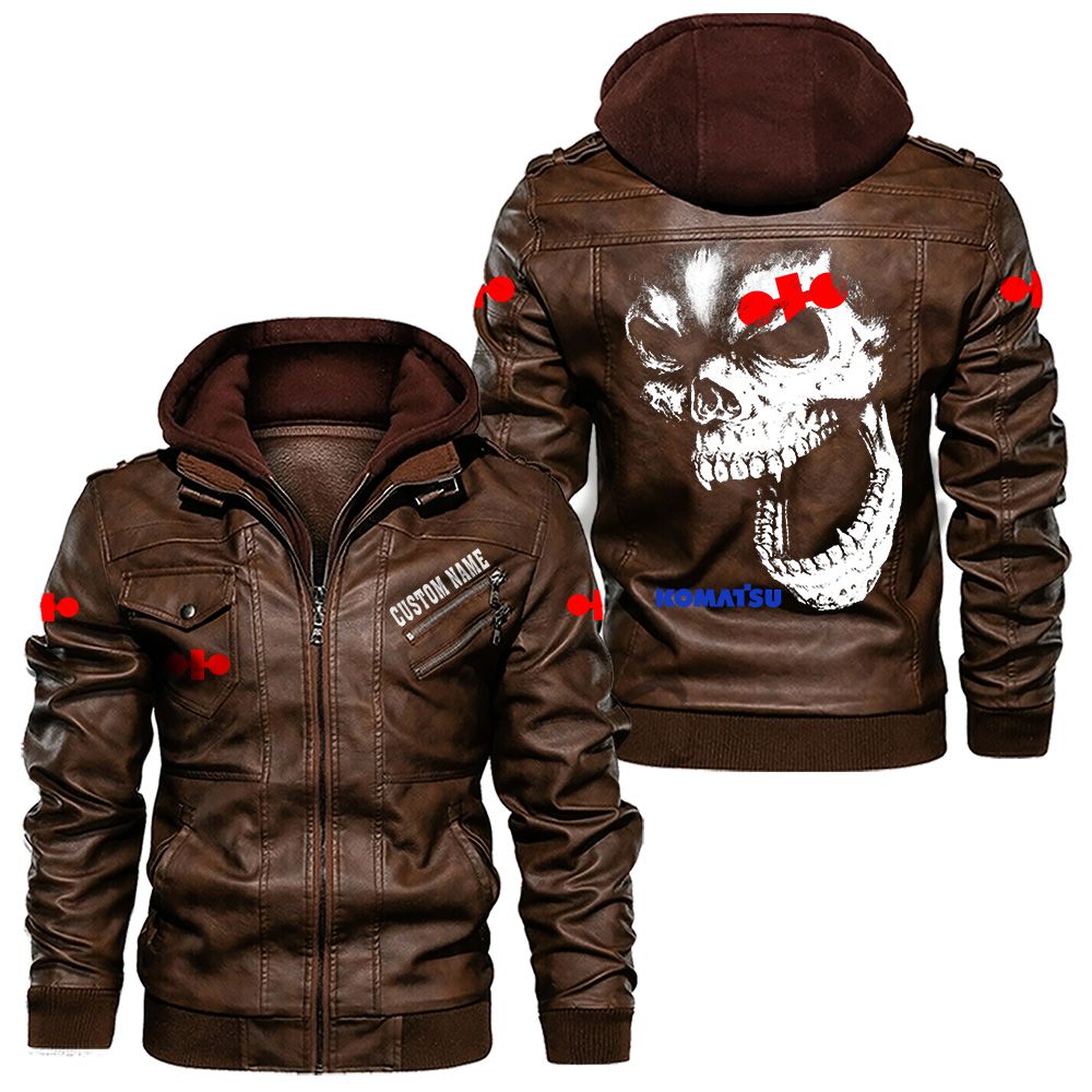 Custom Name Komatsu Skull Leather Jacket - Personalized Logo Car Motorcycle Model - Image 2