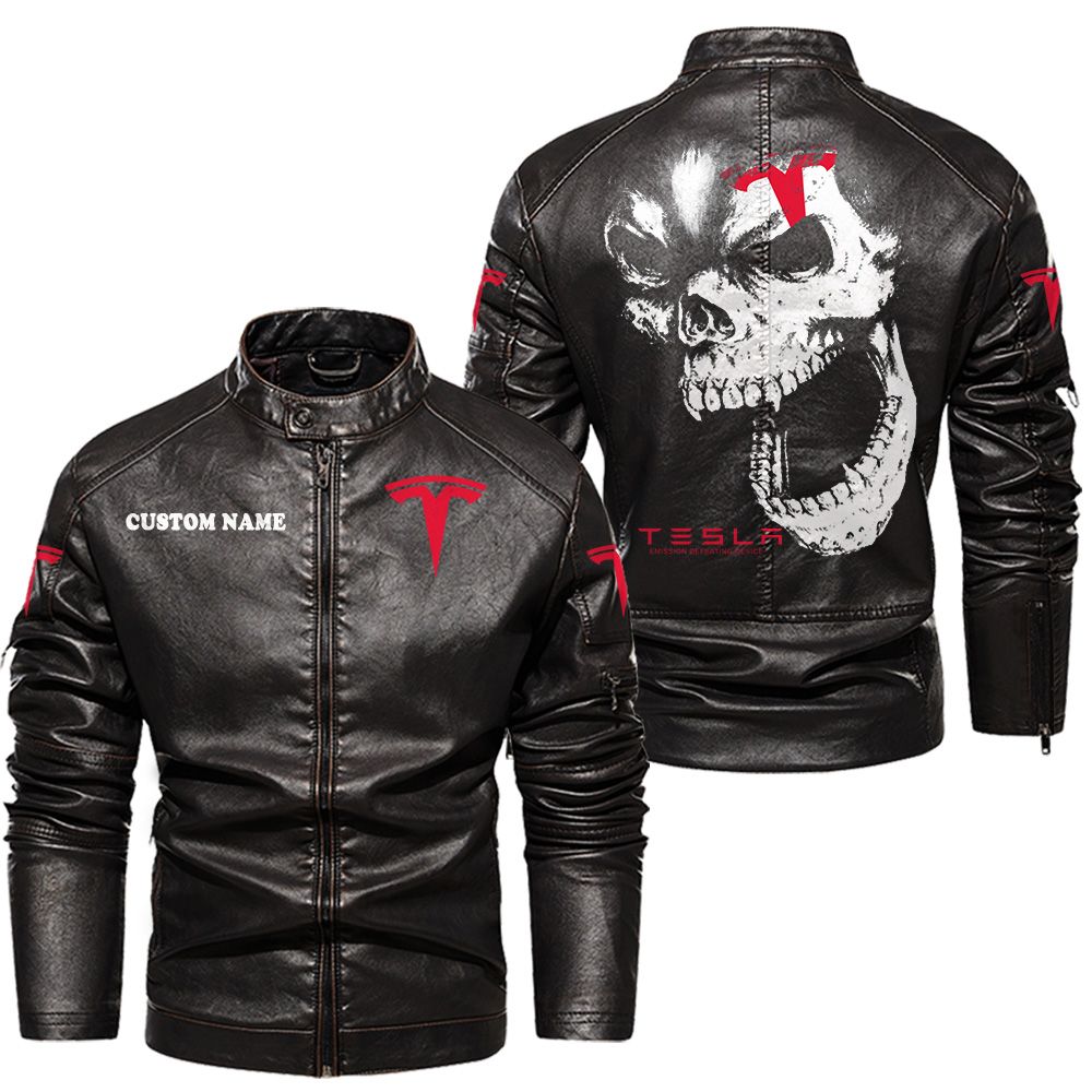 Custom Name Tesla Motors Skull Leather Jacket - Personalized Logo Car Motorcycle Model - Image 3