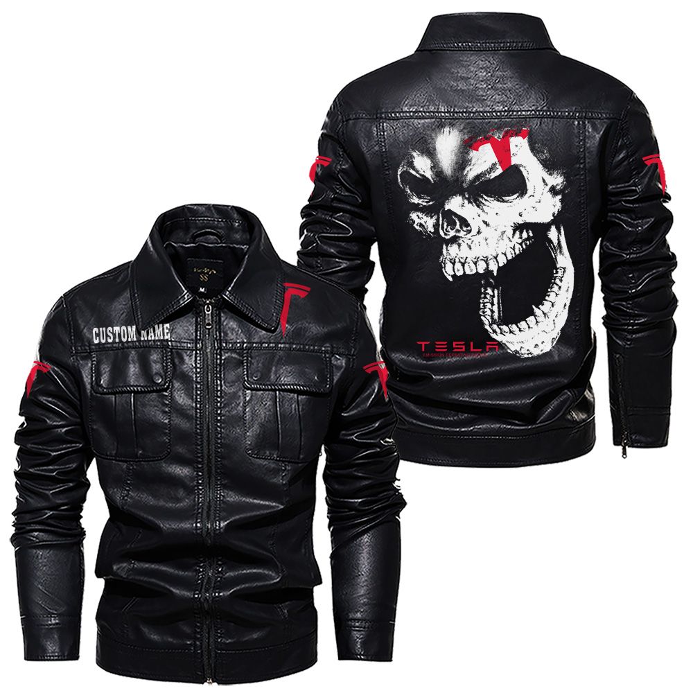 Custom Name Tesla Motors Skull Leather Jacket - Personalized Logo Car Motorcycle Model - Image 7