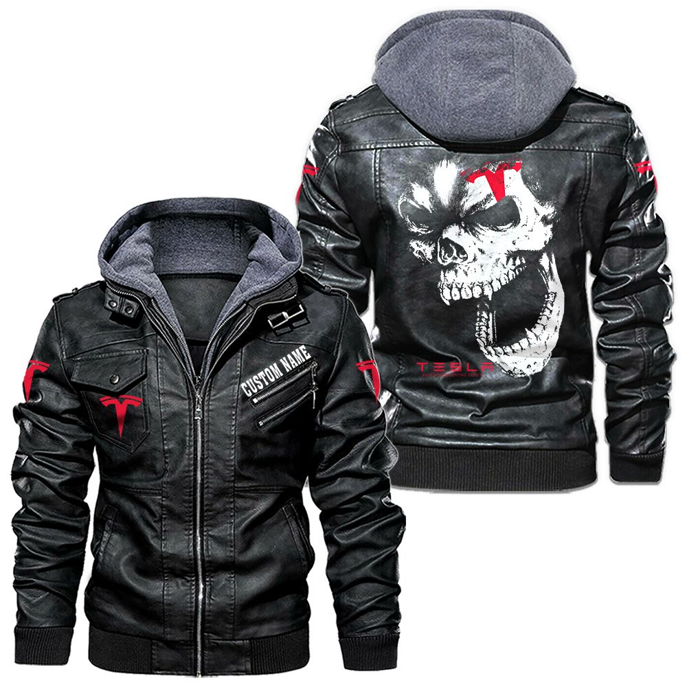 Custom Name Tesla Motors Skull Leather Jacket - Personalized Logo Car Motorcycle Model
