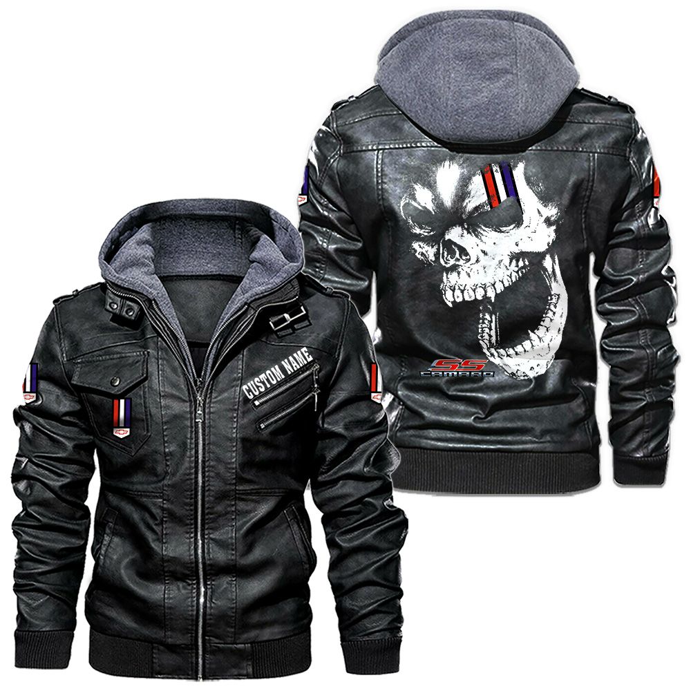 Custom Name Camaro Ss Skull Leather Jacket - Personalized Logo Car Motorcycle Model