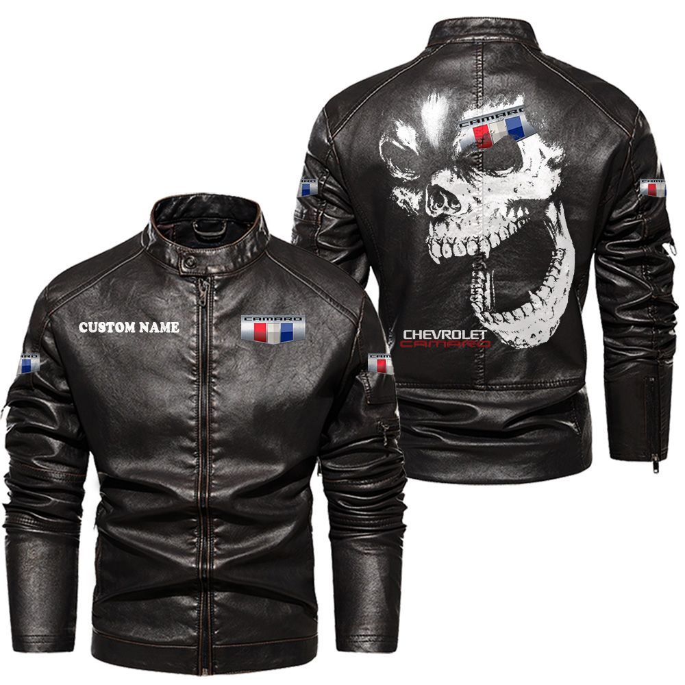 Custom Name Camaro Skull Leather Jacket - Personalized Logo Car Motorcycle Model - Image 3