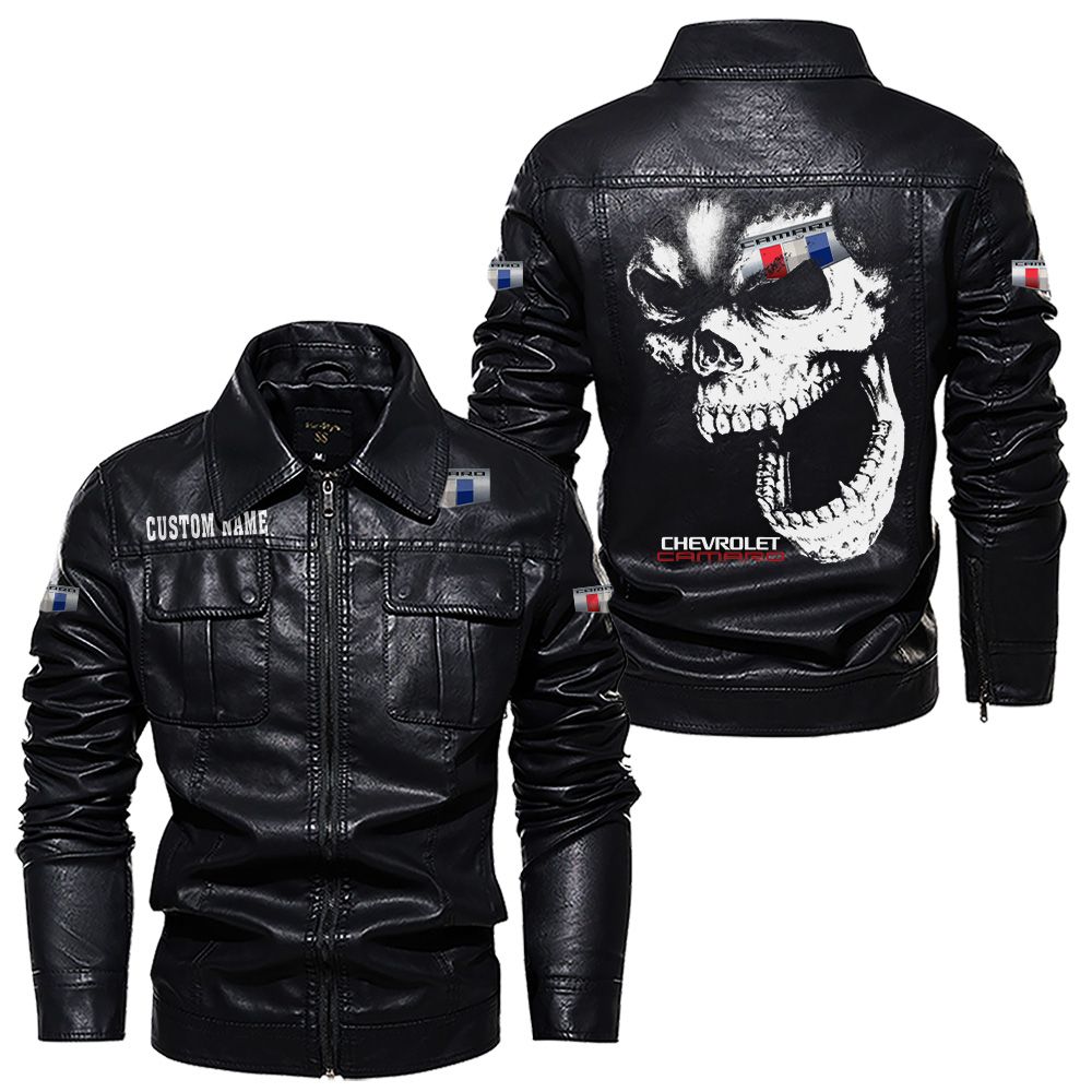 Custom Name Camaro Skull Leather Jacket - Personalized Logo Car Motorcycle Model - Image 7