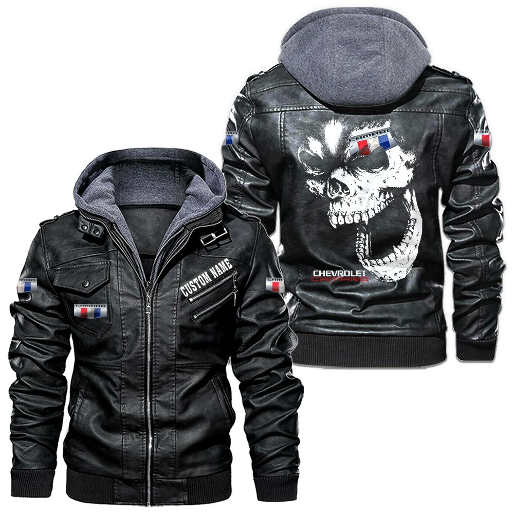Custom Name Camaro Skull Leather Jacket - Personalized Logo Car Motorcycle Model