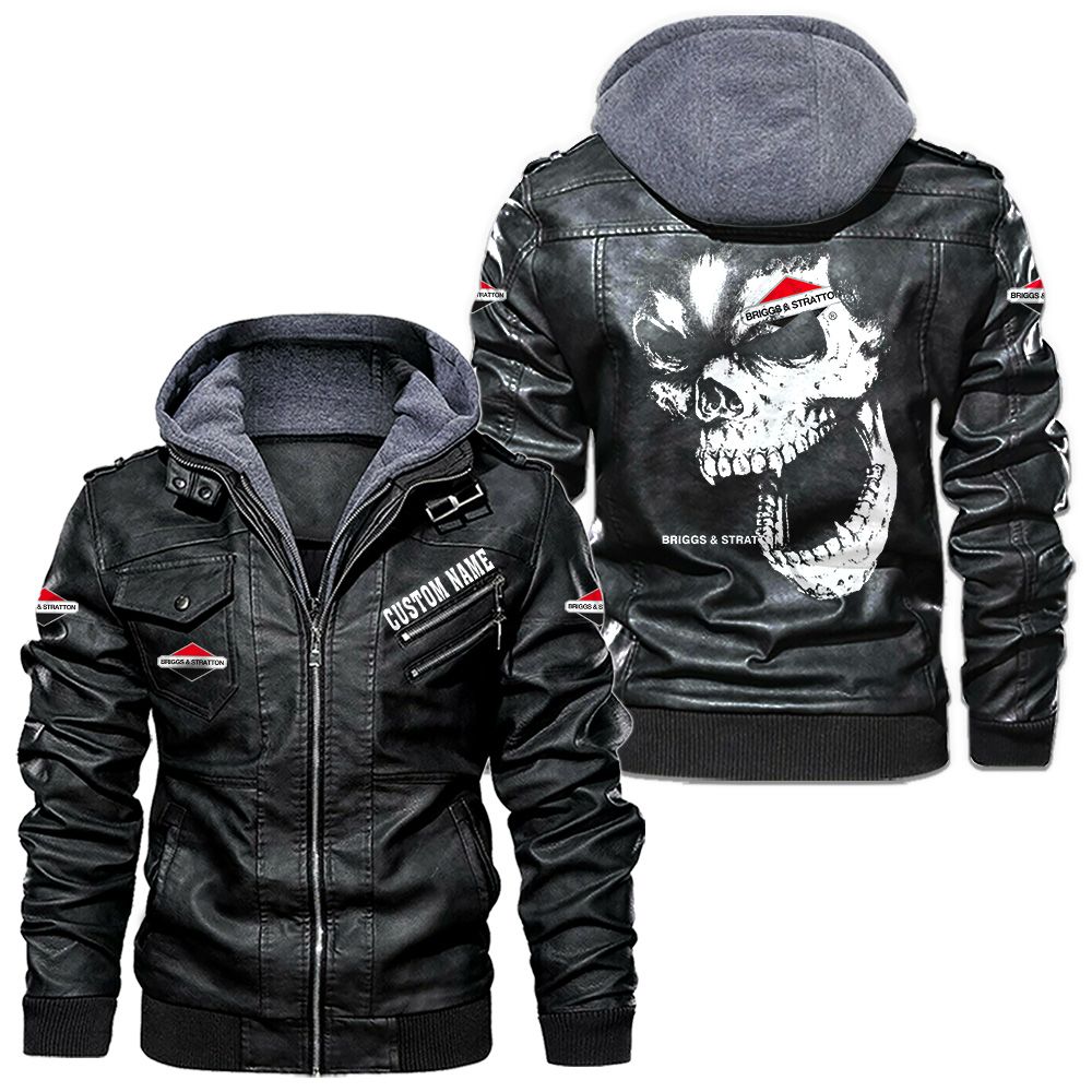 Custom Name Briggs Stratton Skull Leather Jacket - Personalized Logo Car Motorcycle Model