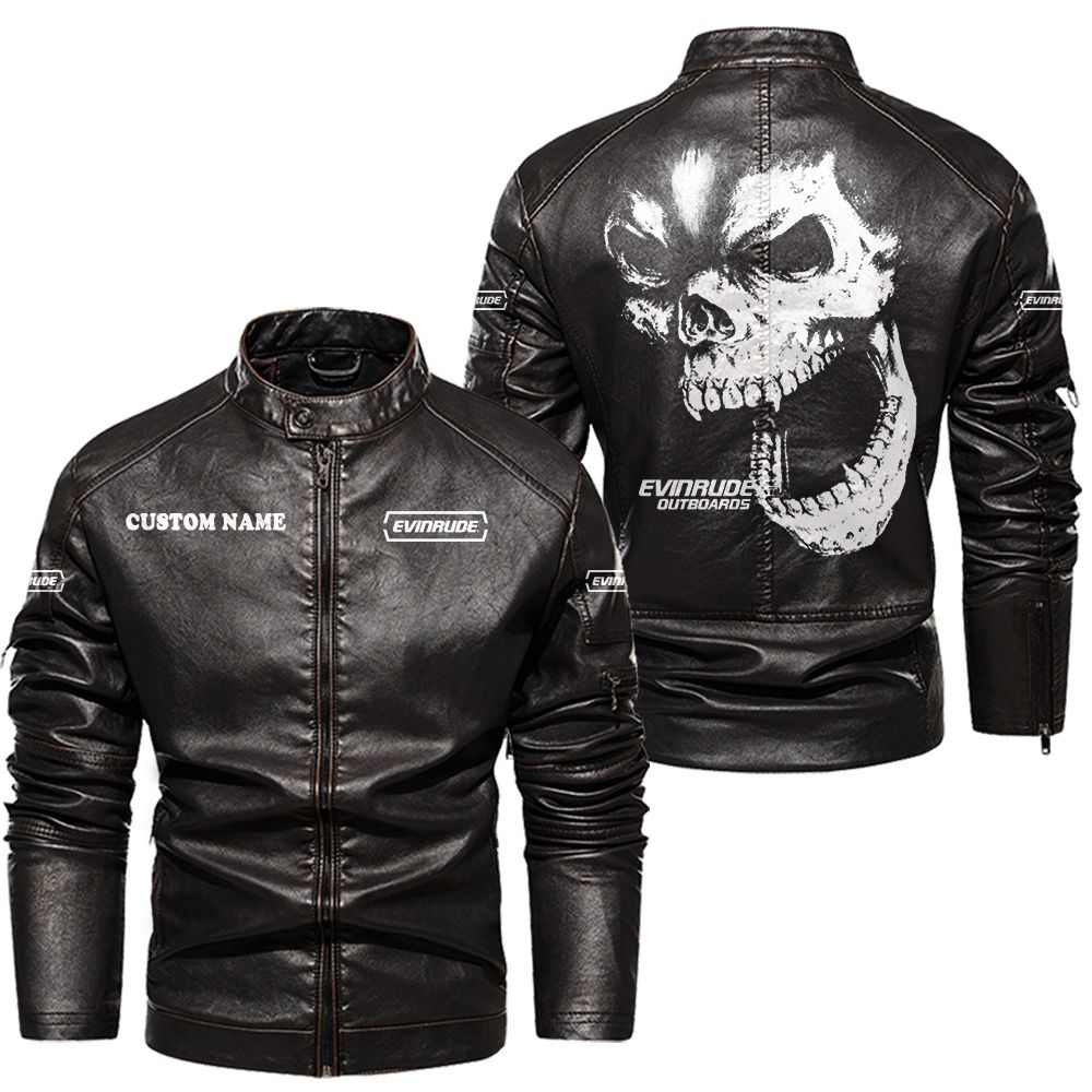 Custom Name Evinrude Outboard Motors Skull Leather Jacket - Personalized Logo Car Motorcycle Model - Image 3