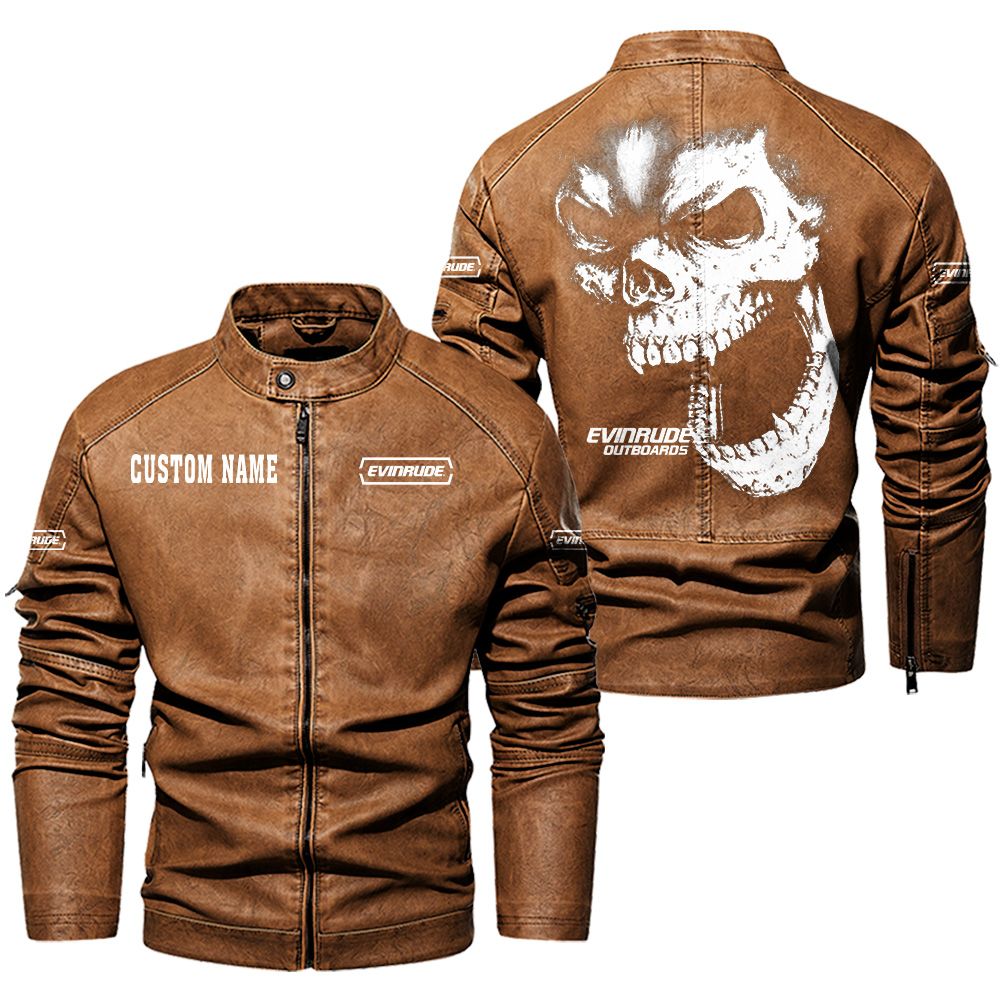 Custom Name Evinrude Outboard Motors Skull Leather Jacket - Personalized Logo Car Motorcycle Model - Image 4