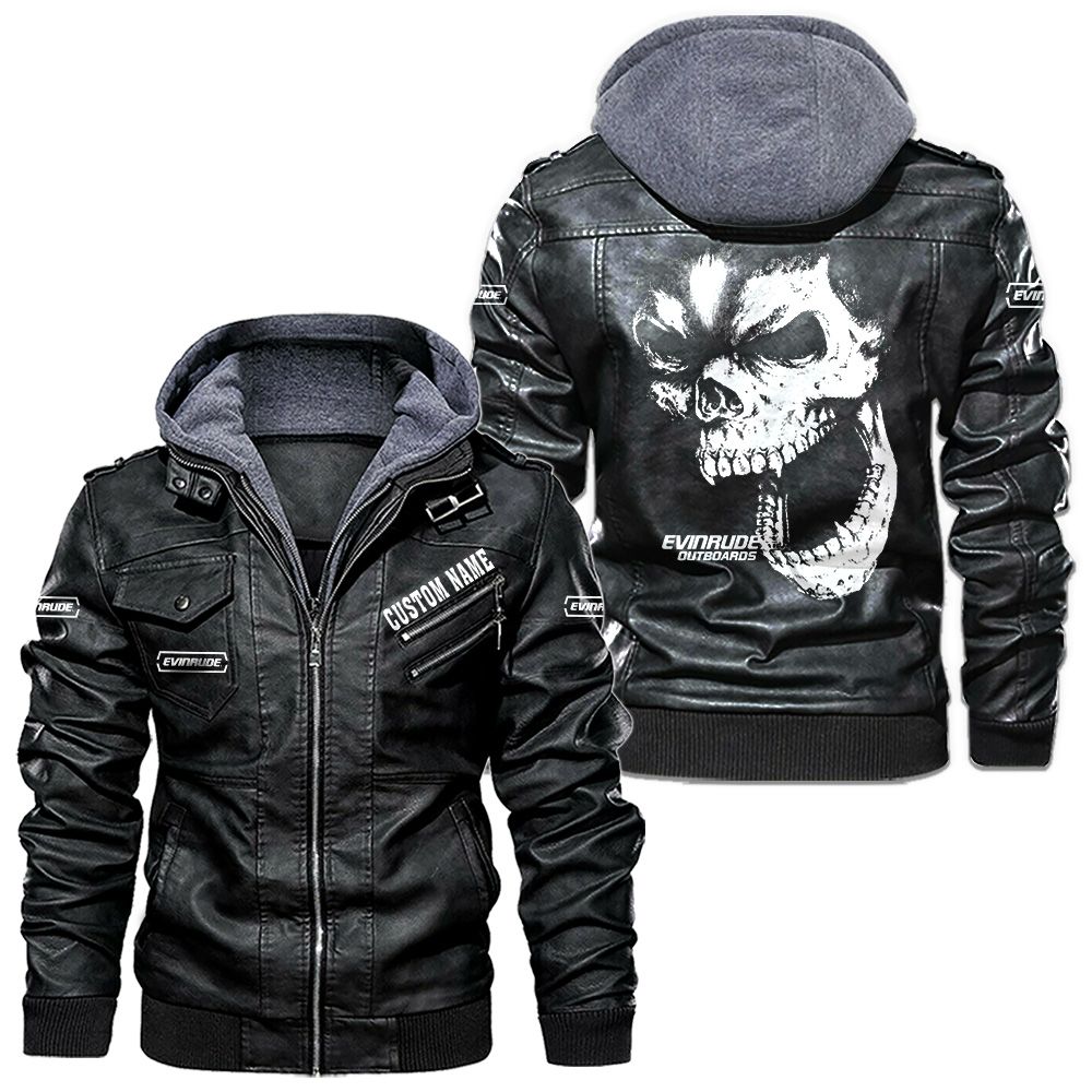Custom Name Evinrude Outboard Motors Skull Leather Jacket - Personalized Logo Car Motorcycle Model